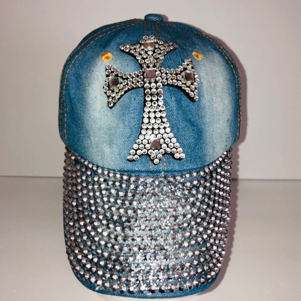 Faded Distressed & Denim Rhinestone Cap with Cross